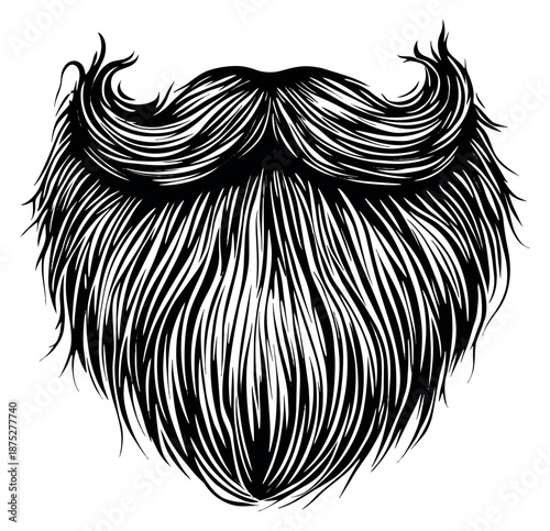 Hand drawn line art illustration of a beard and mustache depicting a bushy vintage style for men's grooming design