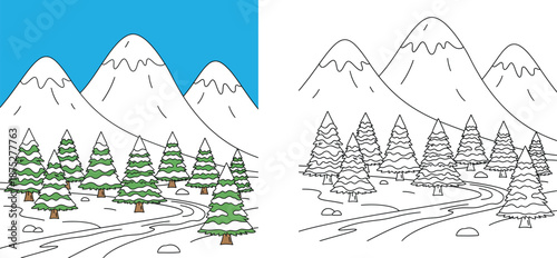 Winter landscape coloring book page vector illustration featuring snowy mountains and pine trees with a path, showing both colored example and black and white outline for kids activity