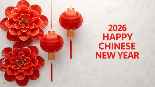 2026 Happy Chinese New Year Vector Illustration With Red Lanterns And Flowers For Greeting Card Design