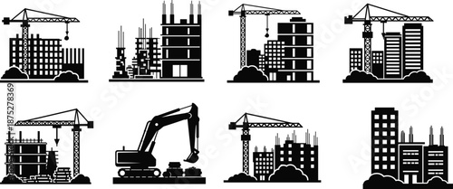 Urban Construction Site Building Cityscape Silhouette Set, Tower Cranes, Excavators, and Dump Trucks, Vector Icons for Real Estate Development, Engineering, and Architectural Projects.