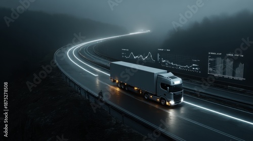 3d visualization of a cargo truck driving on a highway with route tracking, logistics management, and real-time delivery monitoring concept © Ashi
