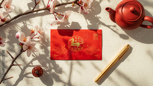 Chinese New Year Red Envelope With Cherry Blossoms And Tea For Lunar Year Celebration