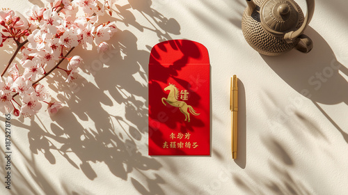 Chinese New Year Red Envelope With Gold Horse Design And Cherry Blossoms For Lunar Year Celebration