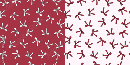 Seamless pattern with coquette red bow knot pink background. Trendy hair braiding accessory. Editable vector illustration for wrapping paper, packaging, fabric, phone case etc.
