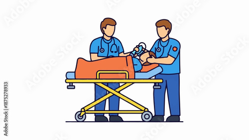 Medics stabilize patient on stretcher, administering oxygen