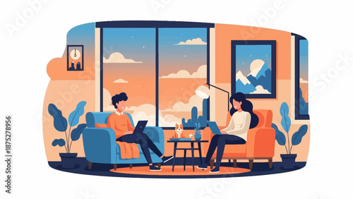 Two people work on laptops near a large window with a sunset view, a dog sits nearby