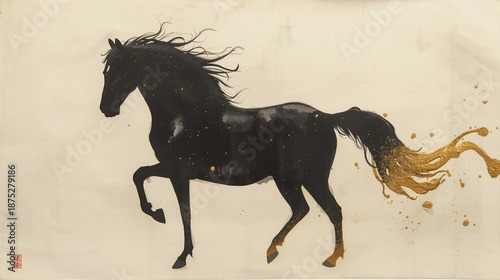 Black Horse Running With Gold Splashes On Beige Background Vector Illustration For Luxury And Power Concept