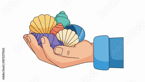 Hand holding a collection of colorful seashells