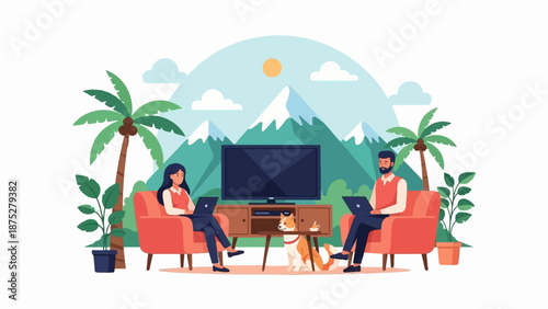 Couple working on laptops with a dog and plants in a relaxed mountain view room