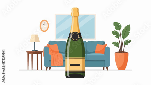 Bottle of bubbly in a cozy living room setting
