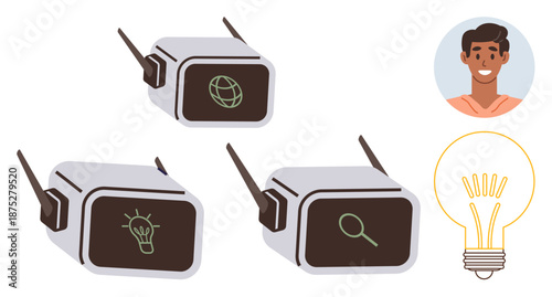 Technology, virtual reality, innovation, digital transformation, human interaction, creative thinking. Multiple VR headsets with icons, smiling man and glowing light bulb. Virtual reality