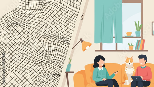 Two people and dog relaxing on a couch near a window with plants and books