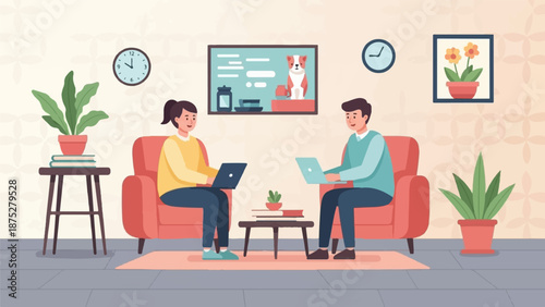 Two people working on laptops in a cozy living room with plants and artwork