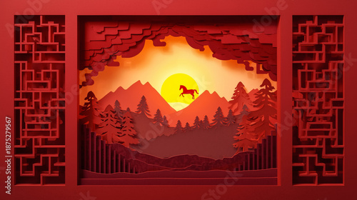 Red 3d Paper Cutout Vector Illustration Of Horse Running In Front Of Sunset With Mountains And Trees For Design And Decoration