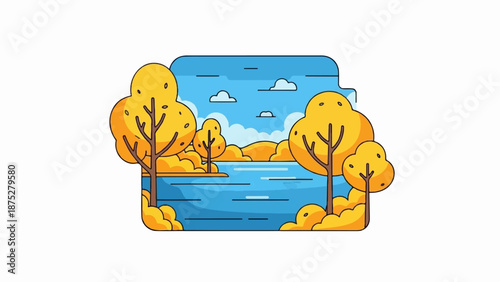 Autumnal scene with yellow trees, a blue lake, and sky