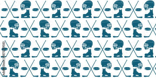 Ice hockey pattern background. ice skates, stic, helmet and puck.