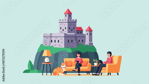 People relax indoors with a castle backdrop, a cat nearby