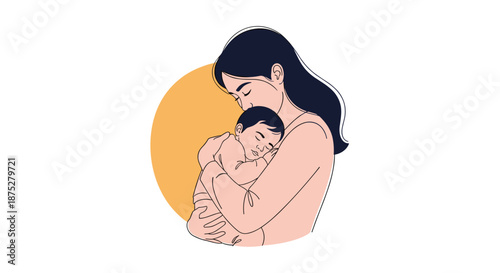 Young mother tenderly embraces her sleeping infant baby against a warm yellow circular background in this heartfelt illustration.