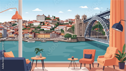 Cozy interior overlooks a vibrant European city and river with a large arched bridge