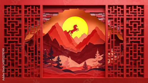 Chinese Paper Cutout Art Of Horse Jumping Over Mountains At Sunset For Cultural And Artistic Concept