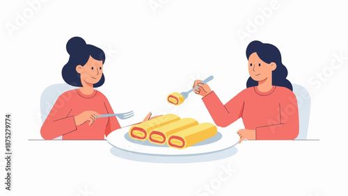 Two women enjoying sweet rolled treats on a plate