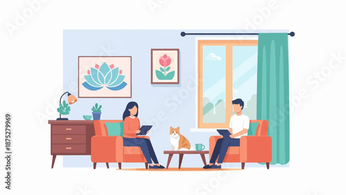 Couple relaxing indoors with a cat, a plant, and art