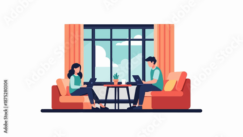 Two people working on laptops from home, seated on couches