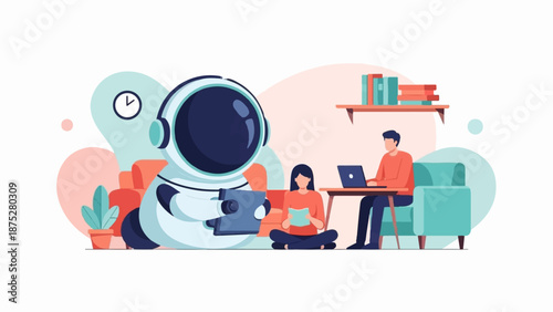 An astronaut and two people in a room with a sofa, a table, and books