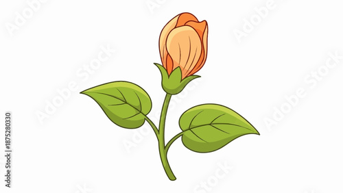 Cartoon illustration of a single unopened orange flower bud with two green leaves