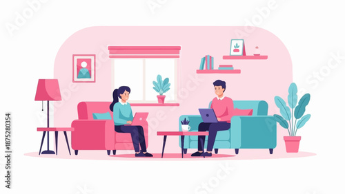 Two individuals use laptops on sofas in a minimalist, brightly colored living room