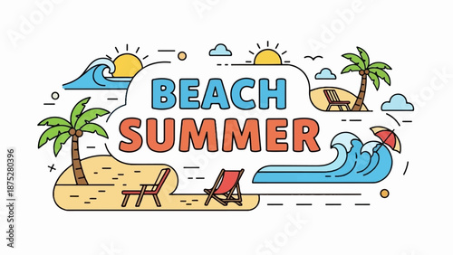 Tropical beach scene with waves, palm trees, sun, clouds, and beach chairs