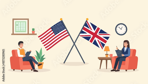 Two people, one on each side of crossed US and UK flags, sit in chairs with tablets