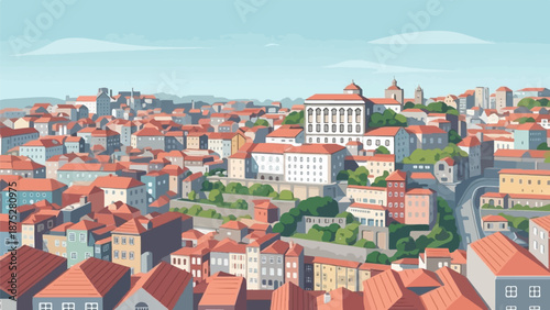 Pixel art cityscape with terracotta roofs and light blue sky