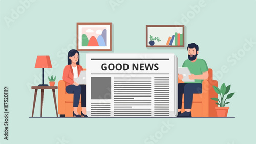 Couple reading a large newspaper d "GOOD NEWS" in a living room