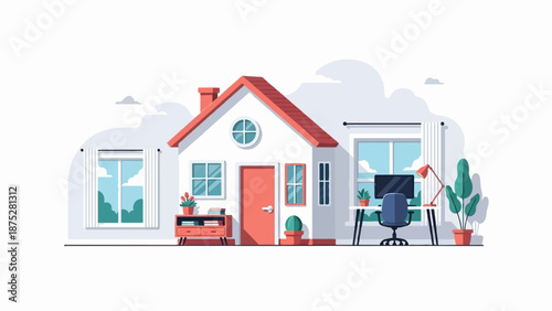 Modern house exterior with windows, plants, and a home office setup