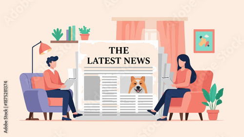 Two people relax on armchairs reading the latest news, with a dog photo