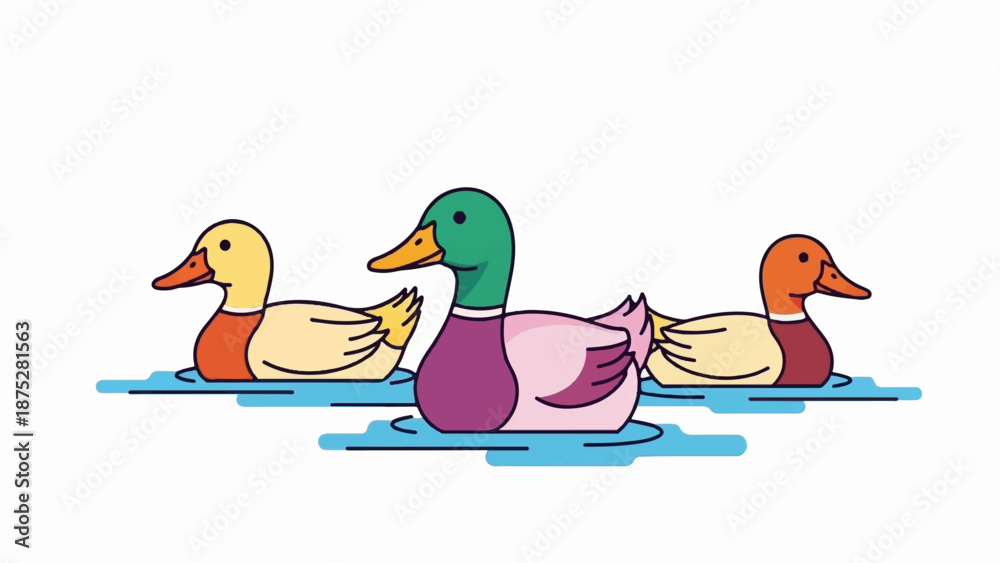 Obraz premium Three cartoon ducks swim in blue water, simple flat style, vibrant colors