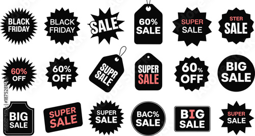 Black Friday sale badge icon set with discount labels, price tags, super sale stickers, promotional symbols for retail marketing