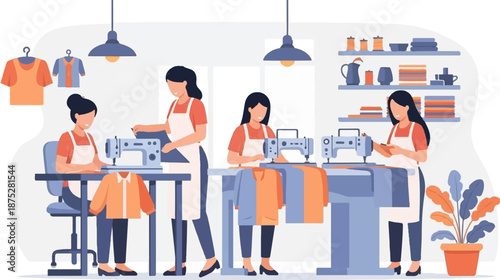 Women working at sewing machines in a bright textile workshop