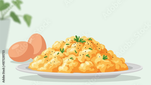 Fluffy scrambled eggs with fresh parsley and pepper, served with two whole eggs