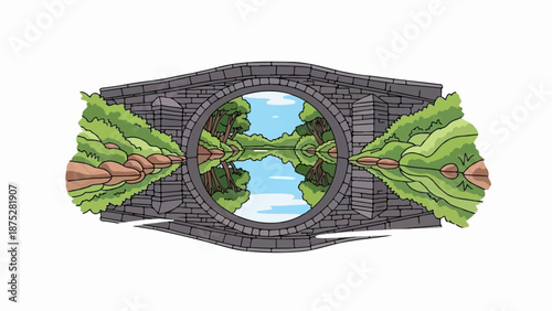 Stone bridge frames serene forest and water reflection, symmetrical