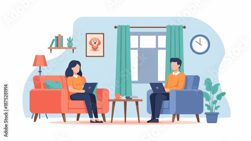 Two individuals relax in comfortable armchairs, each engrossed in their laptops, in a cozy living room