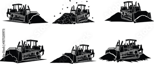 Black Silhouette Vector Set of Bulldozer Heavy Equipment Working on Dirt and Earth Moving Projects, Representing Construction, Excavation, Demolition, and Road Building Machinery