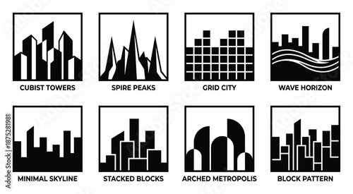 Black and White Cityscape Silhouettes Set: Cubist Towers, Peaks, Grids, Waves