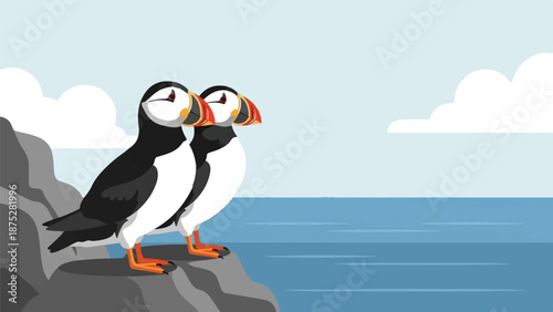 Two puffins stand on a rocky shore overlooking the blue ocean under a cloudy sky