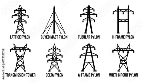 Electrical Tower Types: Silhouettes of Transmission Towers and Power Pylons