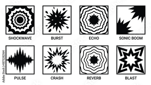 Black and White Sonic Wave Effect Icons Set: Shockwave, Burst, Echo, and More