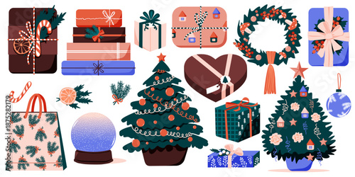 Christmas elements. Gift boxes set. Gift Packaging. Present box, holiday packages in festive paper wrapping, tied with ribbon, bow. Christmas tree, wreath. Vector illustration