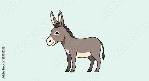Simple cartoon illustration of a friendly gray donkey with large ears and a black mane, isolated against a light green background.