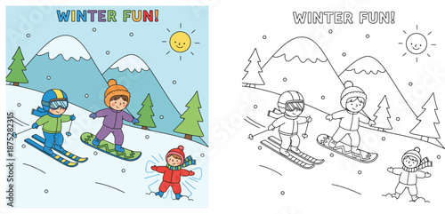 Winter fun coloring page vector illustration of children skiing snowboarding and making snow angels in mountains with color reference guide for kids activity book